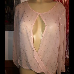 Sexy Peach & Gold Sheer Long Sleeve Surplice Top